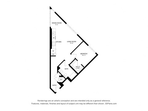 Floor plan for 1 bed, 1 bath, 820 sqft